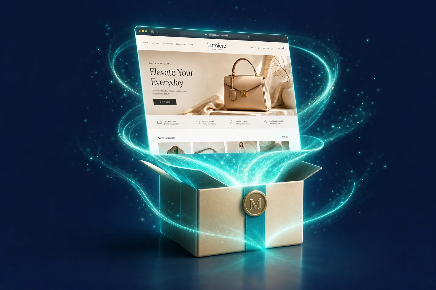 The shop website folds into a glowing migration package.