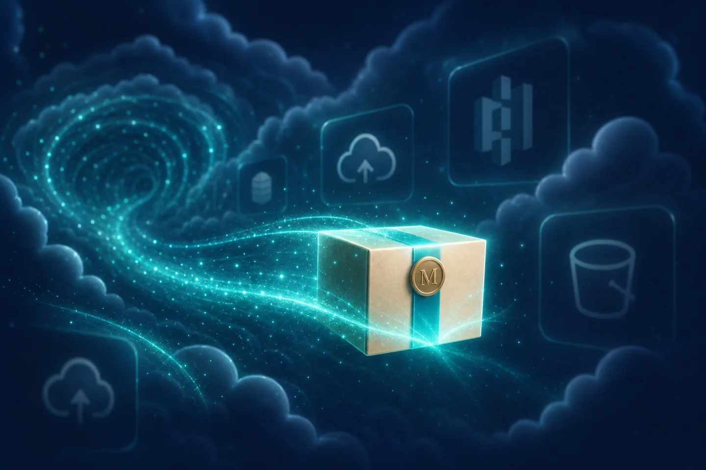 The package travels through cloud storage on its way to a new server.