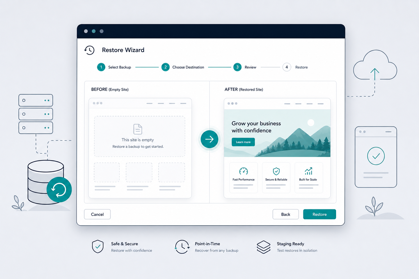 Restore wizard in Multisite Migrate